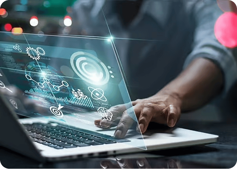 User on computer interacting with an advanced technology display